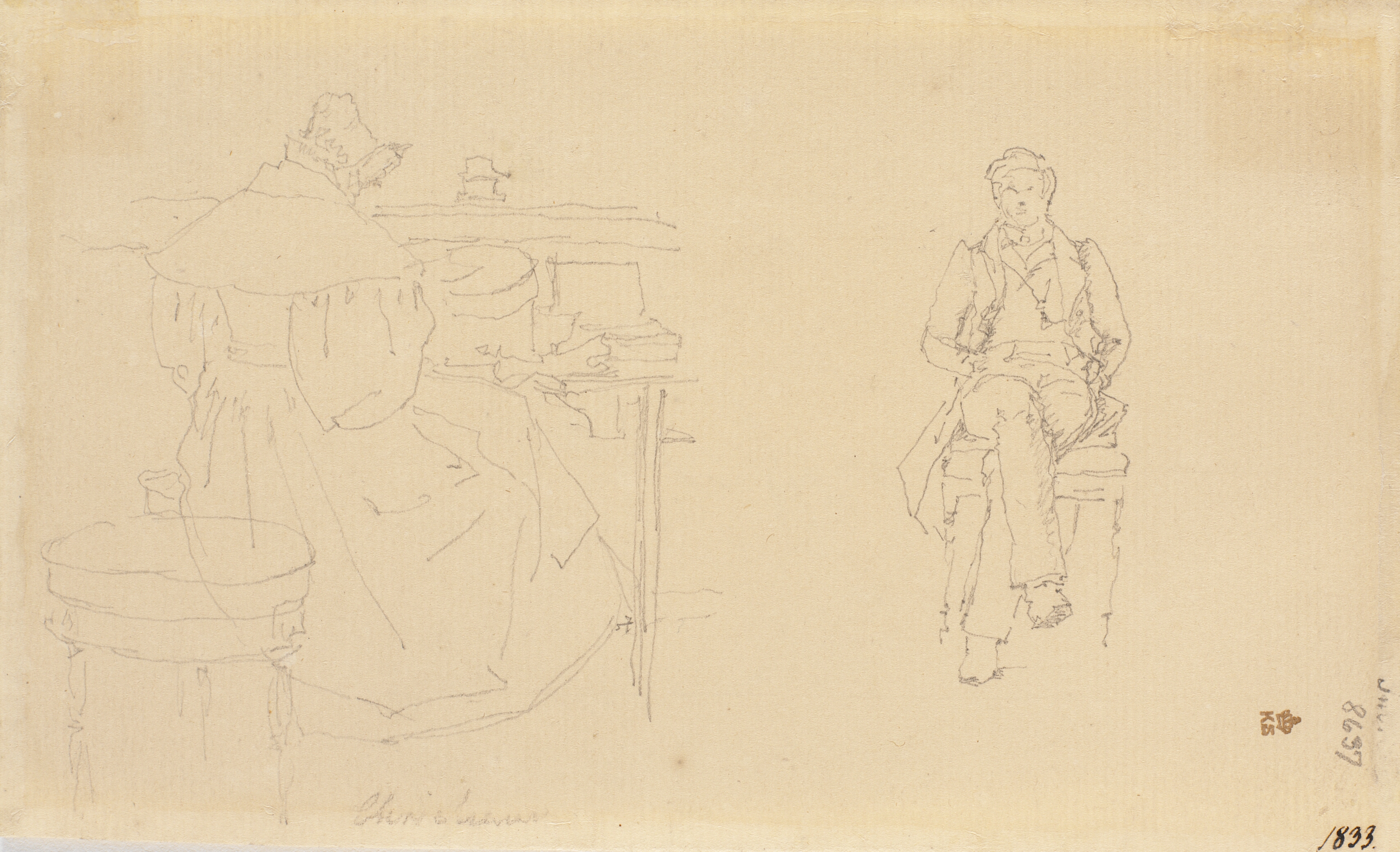 Kunstnerens søster Christiane, siddende ved sit ved sit sybord, med ryggen til. En siddende yngre mand, helfigur, en face